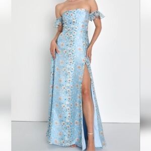 Lulu's Endless Blooms Blue Floral Organza off-the-shoulder maxi dress sz M, NEW
